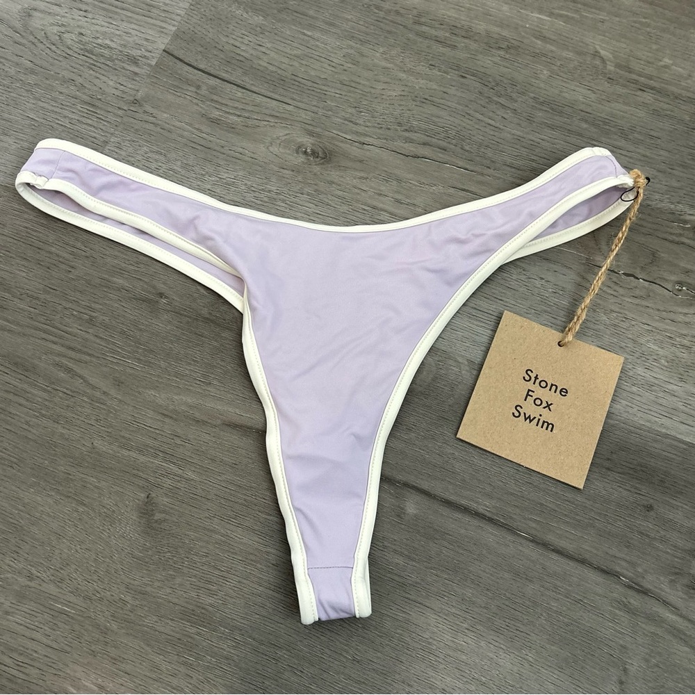 NWT stone fox swim color block purple thong bikini bottoms large women’s